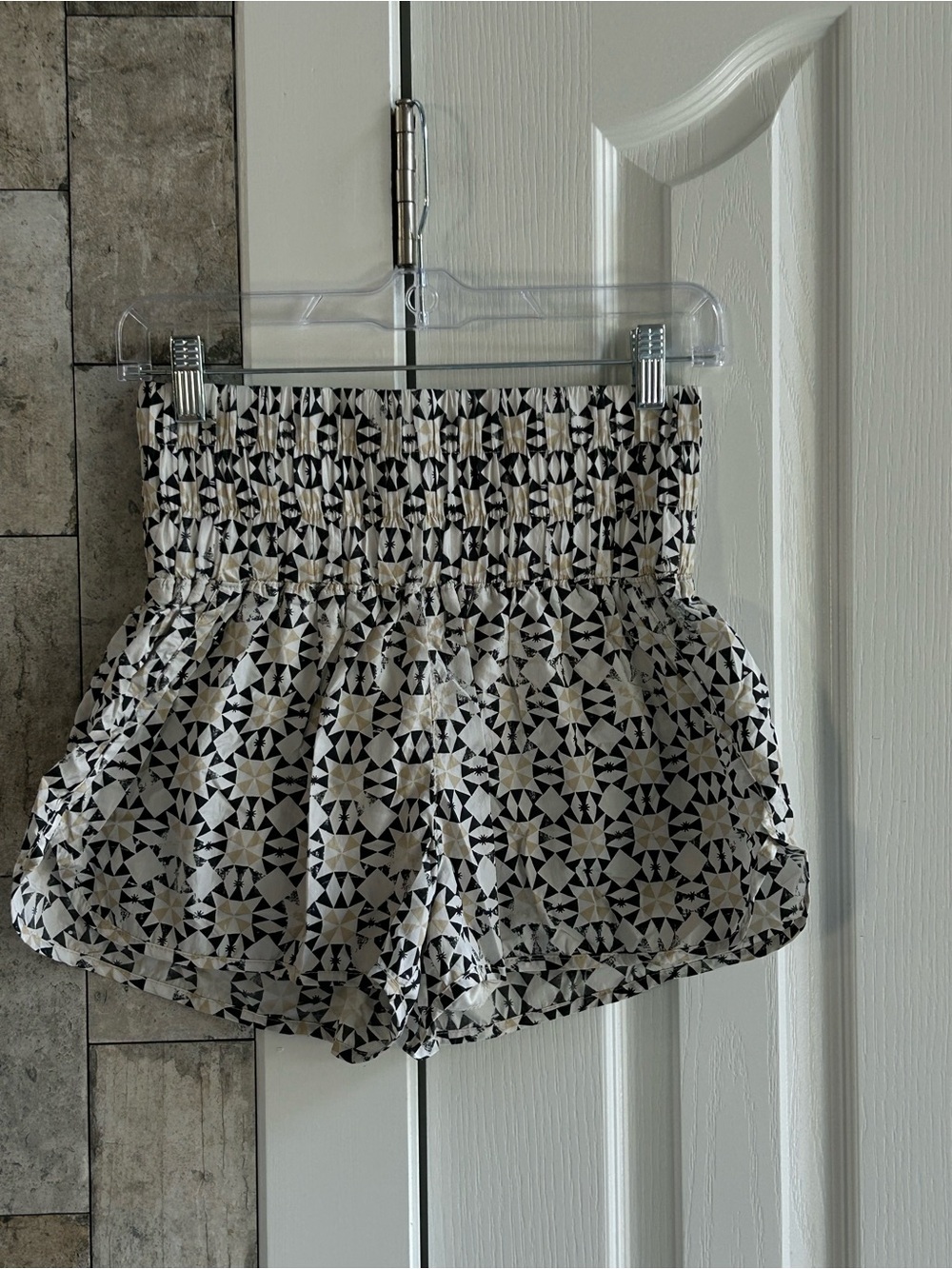Free People Black & Cream Smocked Waist Geometric Print Shorts